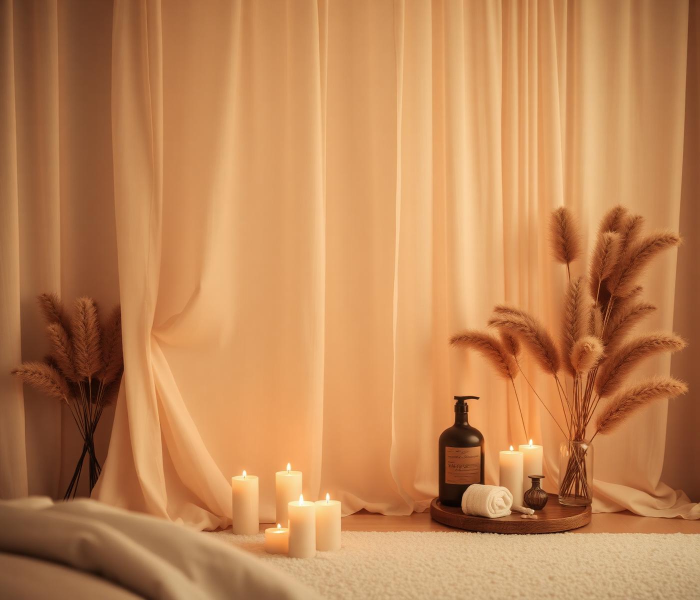 Softly lit spa interior with candles and pampas grass